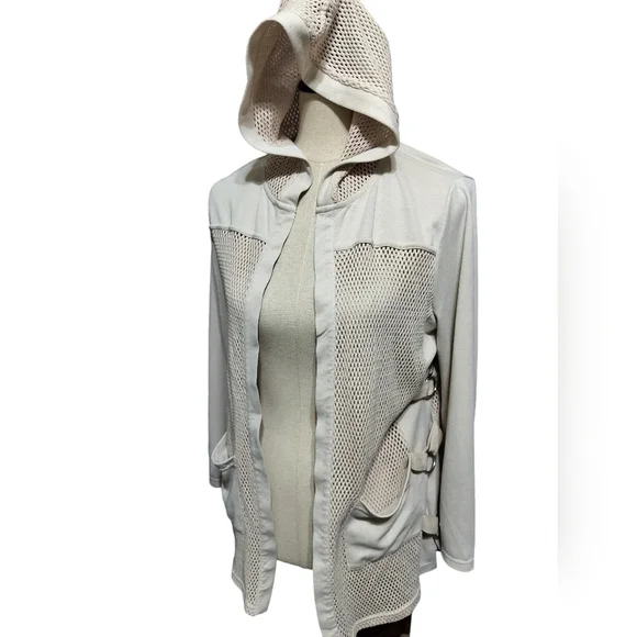 (1560) Coco Y Club Beige Mesh Pockets Open Front Hooded Jacket Size Medium - Picture 1 of 10